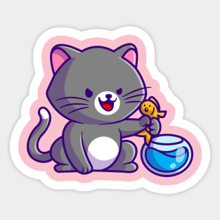 Cute Cat Catching Fish In Aquarium Cartoon Sticker